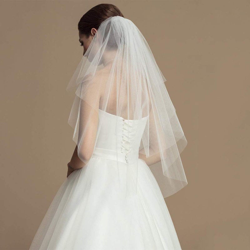 Unsutuo 2 Tiers Bride Wedding Veil Short Fingertip Bridal Tulle Veil with Comb and Cut Edge (White) - Image 1